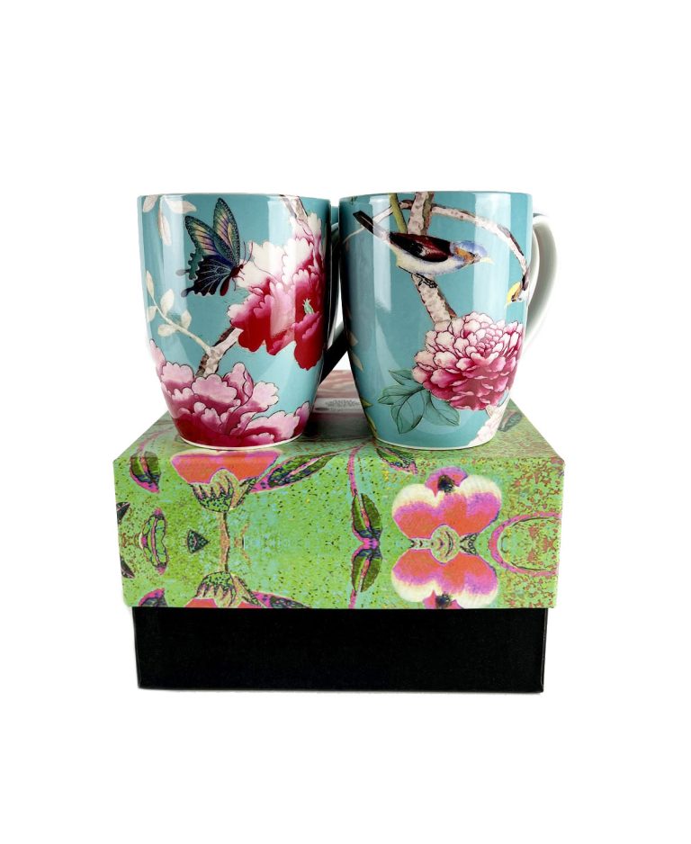 Anna Chandler set of 4 Mugs in Turquoise Bird